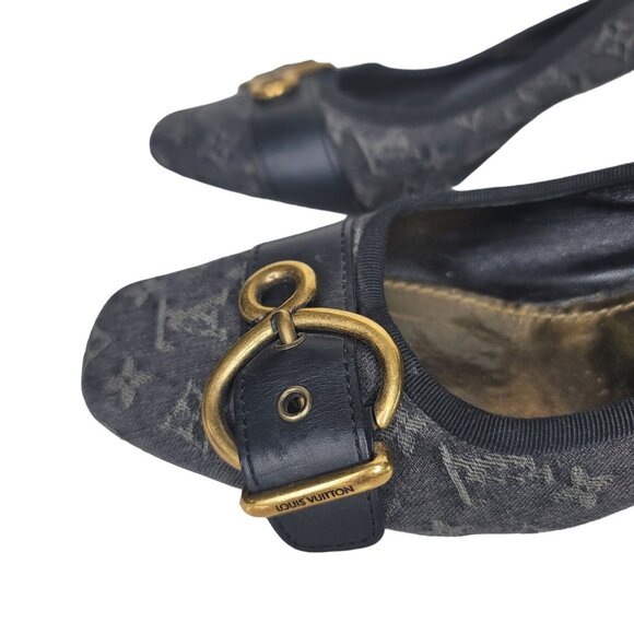 Louis Vuitton Monogram Buckle Heels Black & Gold Size 39.5 EU Leather & Canvas - Picture 3 of 11
